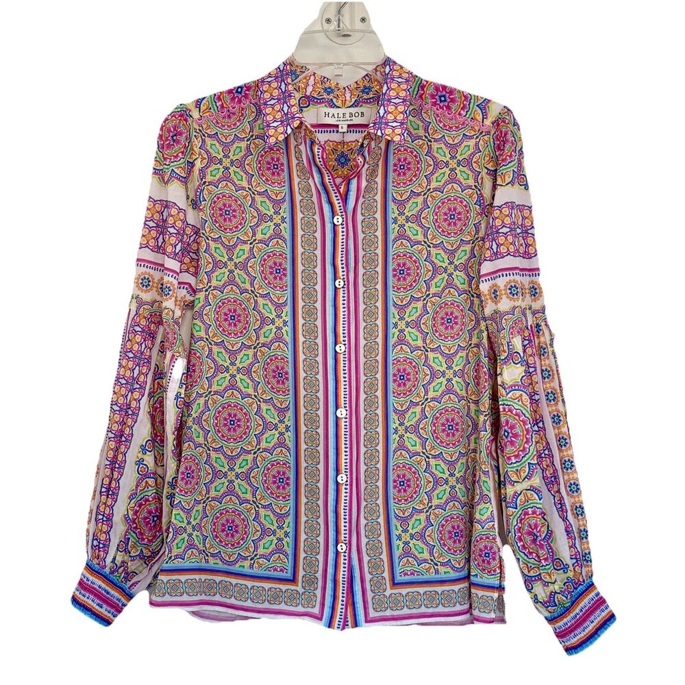 Hale Bob Trinia Medallion Print Cotton Button Front Blouse Bishop Sleeves Size S